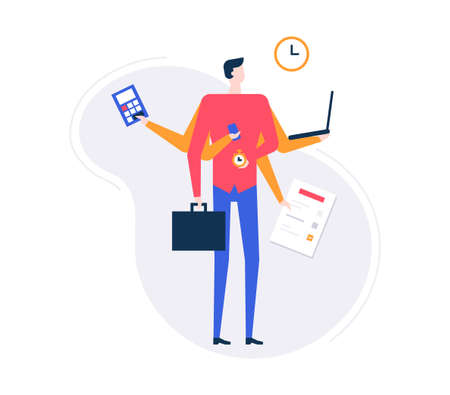 Multitasking concept - modern flat design style illustration on white background. High quality composition with a businessman with many arms holding calculator, laptop, smartphone, bag, list, clockのイラスト素材