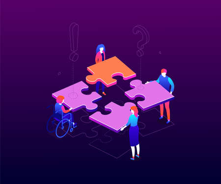Teambuilding concept - modern colorful isometric vector illustration on purple background. Male, female business people with different abilities putting puzzle pieces together. Teamwork, solutionsのイラスト素材