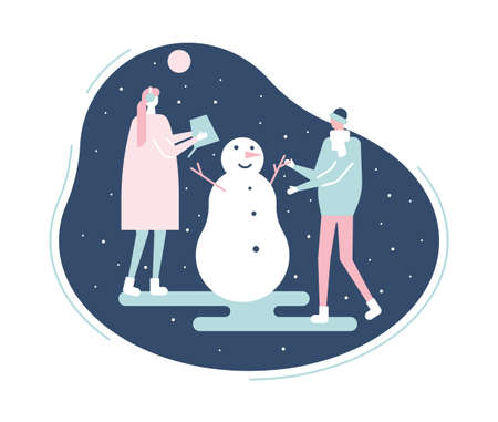 People building a snowman - flat design style illustrationのイラスト素材