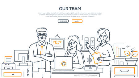 Our team - modern line design style banner on white background with copy space for your text. Business people, colleagues, staff posing at their work place in the office. Corporate relations conceptのイラスト素材