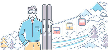 Ski resort - modern colorful line design style illustration on white background. High quality composition with a young male skier standing with sportive equipment, lift, mountain, trees. Winter sportのイラスト素材