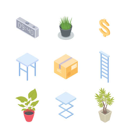 Workplace elements - modern vector colorful isometric objects isolated on white background. High quality objects, electronic clock, parcel, ladder, plants, dollar sign, stool for creating your designのイラスト素材