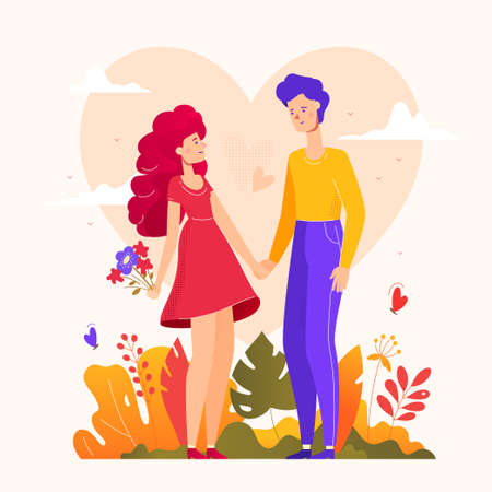 Romantic couple - modern flat design style illustration on white background. High quality colorful composition with male, female characters, boy and girl on a date, holding hands, images of flowersのイラスト素材