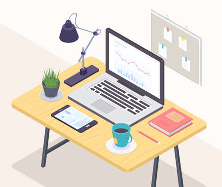 Office workplace - modern vector colorful isometric illustration. A desk, laptop, smartphone,...