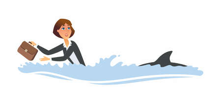 Risk at work - modern cartoon people character illustration isolated on white background. Composition with businesswoman, female manager swimming from shark, escaping from crisis. Difficult situationのイラスト素材
