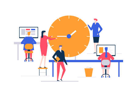 Time management - flat design style colorful illustration on white background. A composition with business team, male, female colleagues working at the computers in the office, image of big clockの写真素材