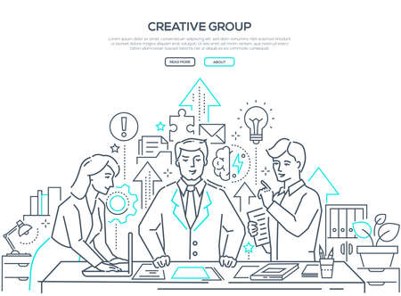 Creative group - modern line design style web banner on white background. High quality composition with a business team, colleagues brainstorming in the office, images of lightbulb, brain, puzzleのイラスト素材