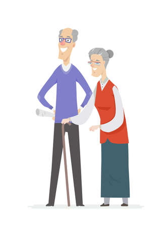 Happy senior couple - cartoon people characters isolated illustration on white background. High quality composition with a smiling elderly man with newspaper, woman wearing glasses walking with a caneのイラスト素材