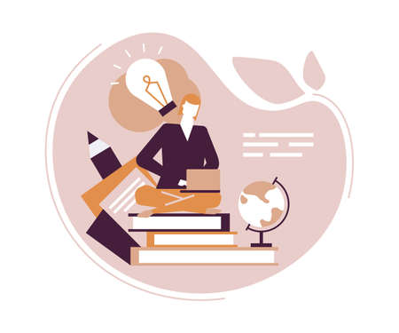 Copywriting concept - flat design style colorful illustration. Composition with female freelance worker, SEO specialist, sitting in lotus position, writing text on laptop, books, globe lightbulb imageのイラスト素材