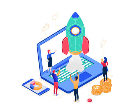 Startup company - modern colorful isometric vector illustration on white background. Male, female colleagues launching the project, images of rocket, laptop, coin stack, smartphone, infographic chartsのイラスト素材