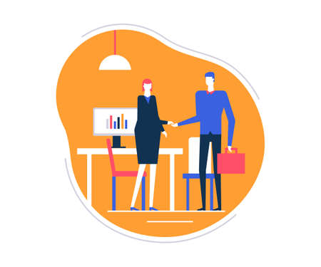 Job interview - flat design style colorful illustration on white background. High quality composition with a female HR specialist, manager shaking hands with a male candidate in the company officeのイラスト素材
