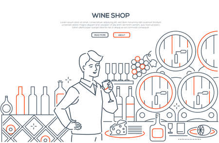 Wine shop - modern line design style web banner on white background with copy space for text. High quality composition with a male assistant holding a glass. Images of barrels, bottles, cheese, grapesのイラスト素材