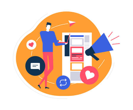 Social media marketing - flat design style colorful illustration on white background. High quality composition with male SMM specialist working at laptop. Like, chat, refresh page buttons, megaphoneのイラスト素材