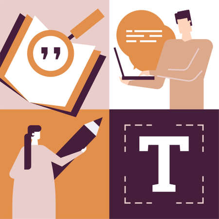 Copywriting concept - flat design style colorful illustration. High quality composition with male, female workers, SEO specialists holding pencil, writing on laptop, book, magnifier, text symbolのイラスト素材