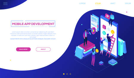 Mobile app development - modern colorful isometric vector web bannerのイラスト素材