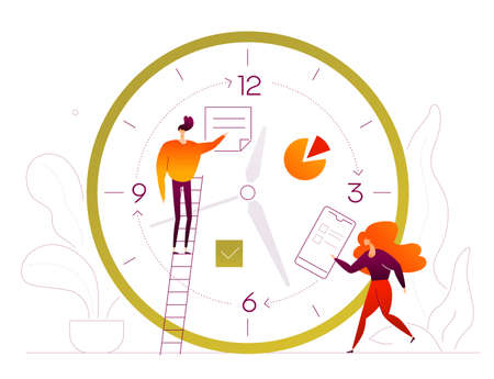 Time management - flat design style colorful illustration on white background. A composition with...