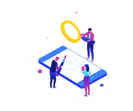 Mobile repair service - modern colorful isometric vector illustration on white background. A composition with male, female workers fixing a smartphone with broken screen, magnifying glass, screwdriverのイラスト素材