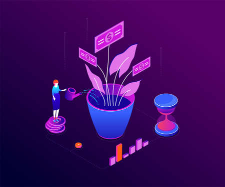 Investment concept - modern colorful isometric vector illustration on purple background. A composition with businesswoman standing on coins stack, watering money tree, images of diagrams and hourglassのイラスト素材