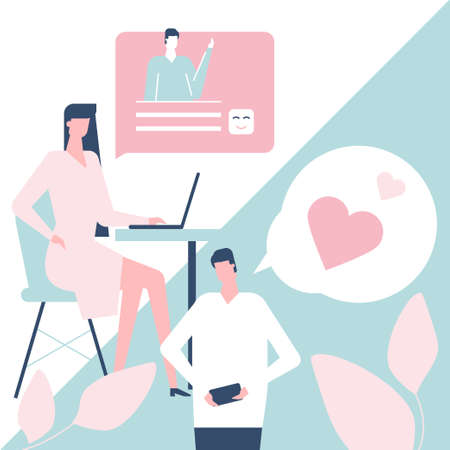 Dating app - flat design style colorful illustration. Pink, blue color palette. Composition with characters, boy and girl chatting online using smartphone, laptop, mobile application, sending messagesのイラスト素材