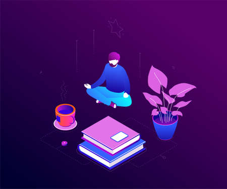 Meditation at work - modern colorful isometric vector illustration on purple background. Quality composition with a man sitting in lotus position, trying to relief stress at work. Mindfulness conceptのイラスト素材