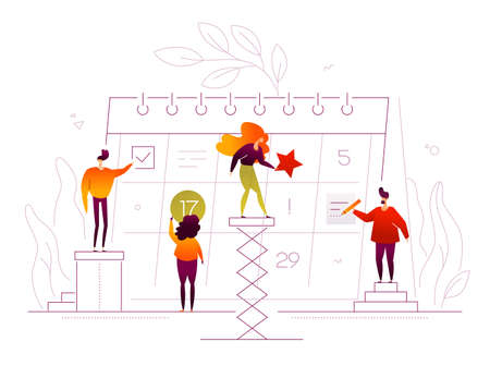 Efficient planning - modern flat design style illustration on white background. Quality composition with man, woman, business team setting tasks, linear image of a calendar. Time management conceptのイラスト素材
