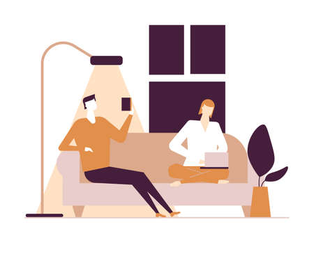 Couple at home - flat design style colorful illustration on white background. A composition with characters, wife, husband sitting on sofa. Woman at the laptop, man with smartphone in the living roomのイラスト素材