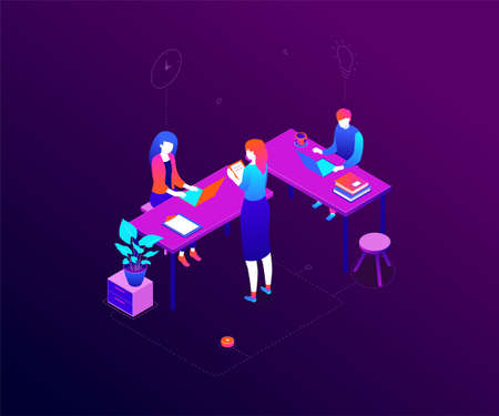 Office life - modern colorful isometric vector illustration on purple background. High quality composition with male, female colleagues, business team working at desks with laptops. Workflow conceptのイラスト素材