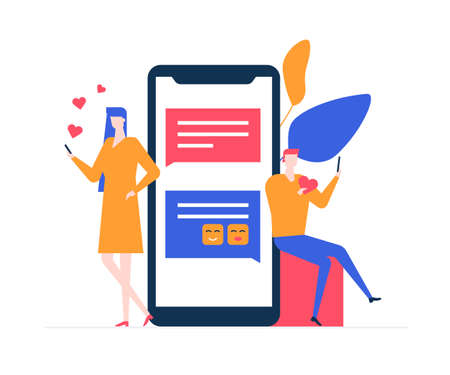 Dating app - flat design style colorful illustration on white background. Composition with characters, boy and girl chatting online using mobile application, image of a big smartphone, like buttonsのイラスト素材