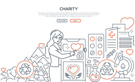 Charity - modern line design style web banner on white background with copy space for your text. Ecology, medical care, nature, financial help themes. Woman using mobile app to participate in campaignのイラスト素材