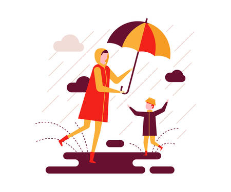 Rainy day - colorful flat design style illustration on white background. Bright unusual composition with a mother and a child walking with an umbrella, a boy slopping about in puddles. Weather conceptのイラスト素材