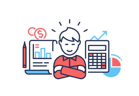Financial success - modern line design style illustration on white background. A composition with a businessman with arms across, images of calculator, diagrams, pen, document. Business growth conceptのイラスト素材