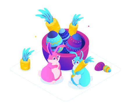 Happy Easter - modern colorful isometric vector illustration on white background. High quality unusual composition with big cute rabbits, holiday symbols, carrots growing in a pot, decorated eggsのイラスト素材