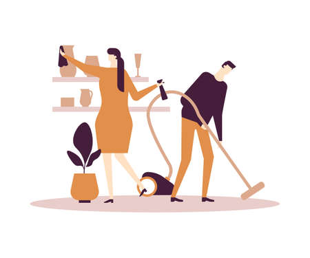 Household chores - flat design style colorful illustration on white background. Composition with characters, wife and husband. Woman dusting, man vacuum cleaning in the living room. Everyday lifeのイラスト素材