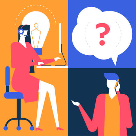 Technical support - flat design style colorful illustration. A female call center operator working at the computer, in a headset talking with a male customer, user asking questions by smartphoneのイラスト素材