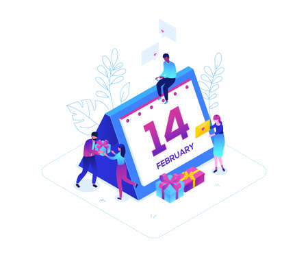 St Valentines day - modern colorful isometric vector illustration on white background. A composition with male, female characters with presents, writing love emails, calendar showing 14th of Februaryのイラスト素材