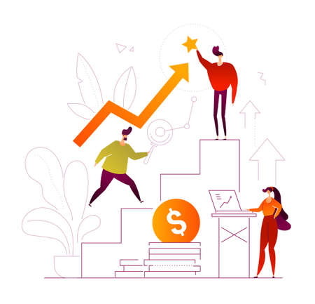 Business growth - flat design style colorful illustration on white background. A composition with workers working on a project with laptops, climbing the stairs, man reaching the top, touching a starのイラスト素材