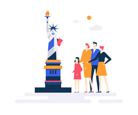 Travel to the USA - colorful flat design style illustration on white background. Bright unusual composition with family, parents and children watching Statue of Liberty. Vacation and tourism conceptのイラスト素材