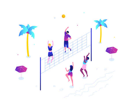 Beach volleyball - modern colorful isometric vector illustration on white background with inscription. A composition with boys and girls playing the game. Summer activity, travel and vacation conceptのイラスト素材