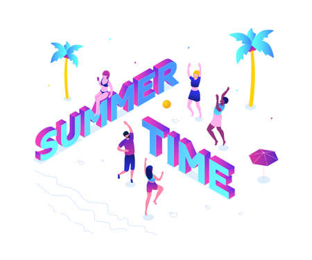 Summer time - modern colorful isometric vector illustration on white background with inscription. A composition with happy boys and girls playing volleyball on the beach, sunbathing. Vacation conceptのイラスト素材