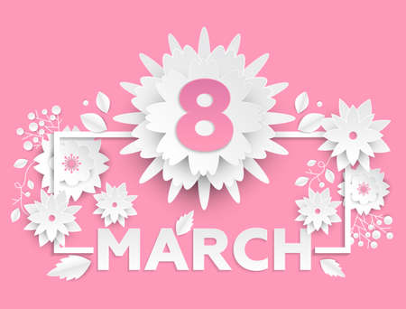 8 March - modern vector colorful illustration on pink background. High quality greeting card on international women day, invitation template. Romantic composition with floral decorations, text, frameのイラスト素材