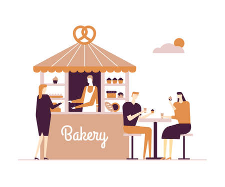 Bakery - modern vector flat design style illustration on white background. High quality composition with a male worker selling cakes and bread in the stand, a couple eating cupcakes at the tableのイラスト素材