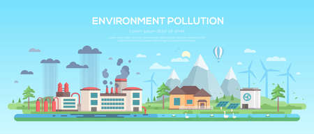 Environment pollution - modern flat design style vector illustration on blue background. A plant making hazardous substances emissions and clean area with windmills, solar panels, pond, hillsのイラスト素材