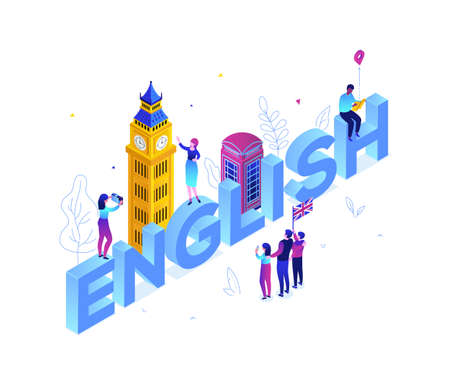 English language - modern colorful isometric vector illustration on white background. A composition with Big Ben, phone booth, tourists with a map, flag of the UK, taking pictures. Education conceptのイラスト素材