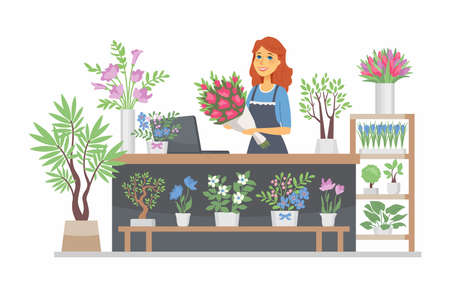 Flower shop - modern vector cartoon people characters illustration on white background. Quality colorful composition with a young smiling female florist at the counter, store, selling plants, bouquetsのイラスト素材