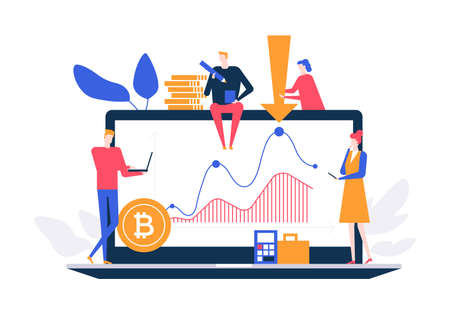 Cryptocurrency concept - flat design style colorful illustration on white background. A composition with male, female colleagues, business team at laptop screen, bitcoins, diagrams. Financial conceptのイラスト素材