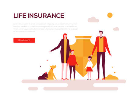 Life insurance - colorful flat design style web banner on white background with copy space for text. A composition with a family, parents with children, dog standing together, shield. Safety conceptのイラスト素材