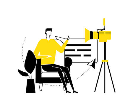 Video blogger - flat design style vector illustration. High quality black, white and yellow composition with a creative man streaming online in front of the camera, sitting on a chair, talkingのイラスト素材