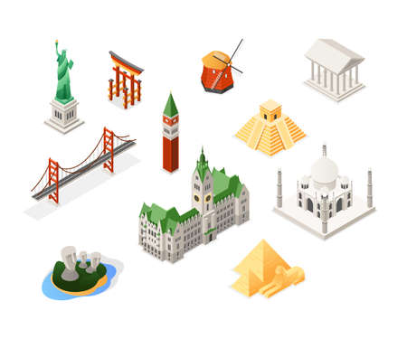 World famous landmarks - colorful isometric set of objects. Statue of Liberty, Holland windmill, Torii, Brooklyn bridge, Moai, pyramids, Taj Mahal, Hamburg city hall, Parthenon, St Mark Campanileのイラスト素材