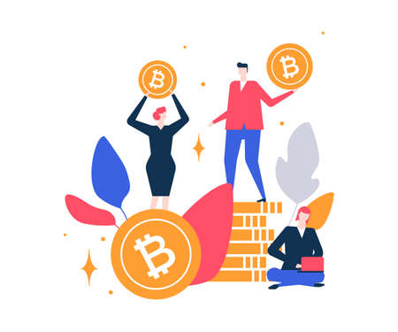Cryptocurrency concept - flat design style colorful illustration on white background. A composition with male, female colleagues, business team holding bitcoins, working with laptop. Financial conceptのイラスト素材