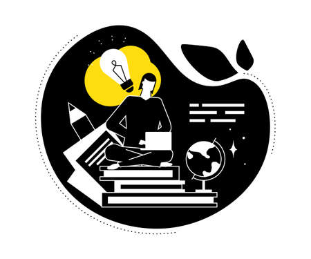 Copywriting concept - flat design style vector illustration. Black, yellow, white composition with female freelance SEO specialist, sitting in lotus position, writing text on laptop, books, lightbulbのイラスト素材